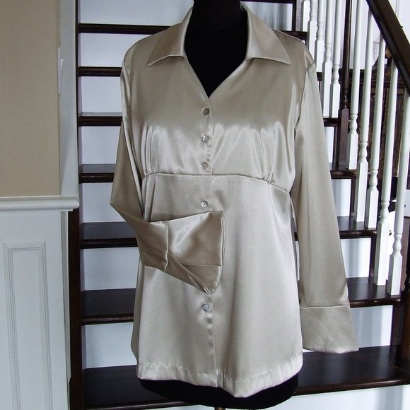 Beige Gold Satin Stretching Blouse Tunic Formal Maternity Top L - Picture 2 of 7